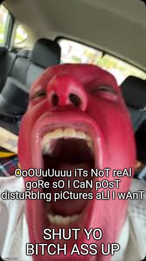 Bagel | OoOUuUuuu iTs NoT reAl goRe sO I CaN pOsT distuRbIng piCtures aLl I wAnT; SHUT YO BITCH ASS UP | image tagged in bagel | made w/ Imgflip meme maker
