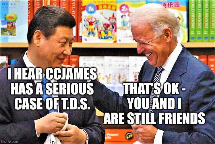 Xi Jinping and Biden | I HEAR CCJAMES HAS A SERIOUS CASE OF T.D.S. THAT'S OK -
YOU AND I ARE STILL FRIENDS | image tagged in xi jinping and biden | made w/ Imgflip meme maker