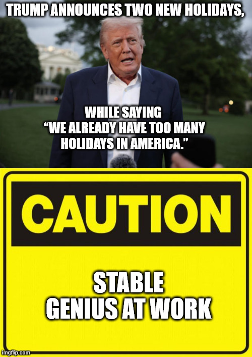 You can't make this stuff up. | TRUMP ANNOUNCES TWO NEW HOLIDAYS, WHILE SAYING
 “WE ALREADY HAVE TOO MANY
 HOLIDAYS IN AMERICA.”; STABLE GENIUS AT WORK | image tagged in idiot trump,idiot magats | made w/ Imgflip meme maker
