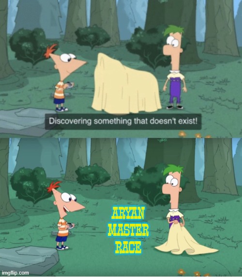 Imagine being a supremacist of a fictional race | ARYAN MASTER RACE | image tagged in discovering something that doesn t exist,nazi,aryan,phineas and ferb,white supremacy,cartoon | made w/ Imgflip meme maker