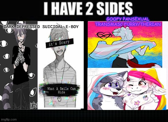 not my art btw,don't know og artust | GOOFY PANSEXUAL TRANSMASC FURRY/THERIAN; DARK DEPRESSED SUICIDAL E-BOY | image tagged in i have two sides | made w/ Imgflip meme maker