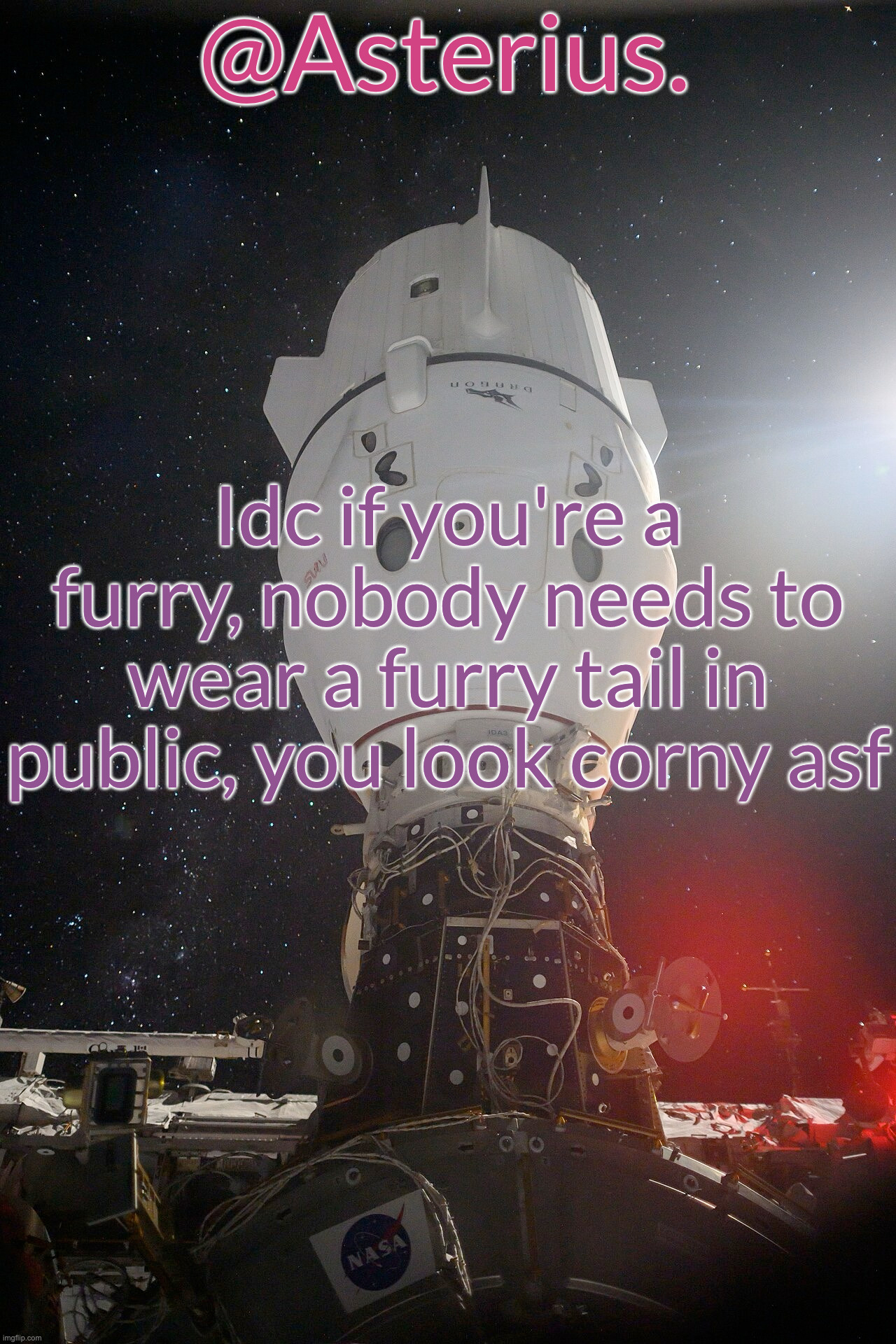 Silver's Crew Dragon Template | Idc if you're a furry, nobody needs to wear a furry tail in public, you look corny asf | image tagged in silver's crew dragon template | made w/ Imgflip meme maker