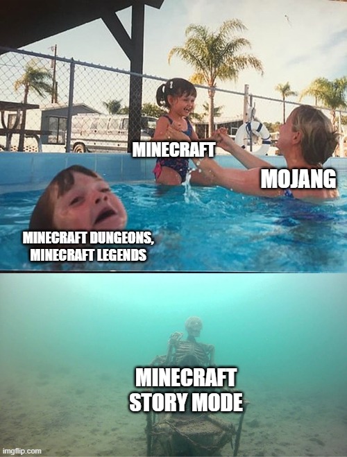 Mother Ignoring Kid Drowning In A Pool | MINECRAFT; MOJANG; MINECRAFT DUNGEONS, MINECRAFT LEGENDS; MINECRAFT STORY MODE | image tagged in mother ignoring kid drowning in a pool | made w/ Imgflip meme maker