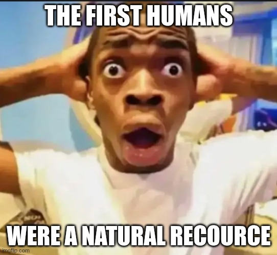 The first humans | THE FIRST HUMANS; WERE A NATURAL RECOURCE | image tagged in surprised black guy | made w/ Imgflip meme maker