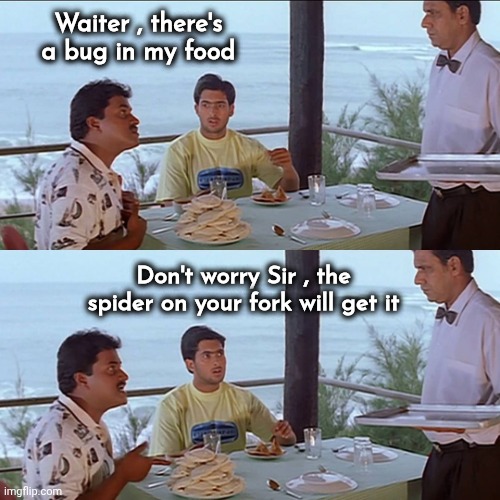 A Nice French Restaurant | Waiter , there's a bug in my food; Don't worry Sir , the spider on your fork will get it | image tagged in dad joke,i believe i can fly,don't bug me,a little extra,no charge,complaining | made w/ Imgflip meme maker