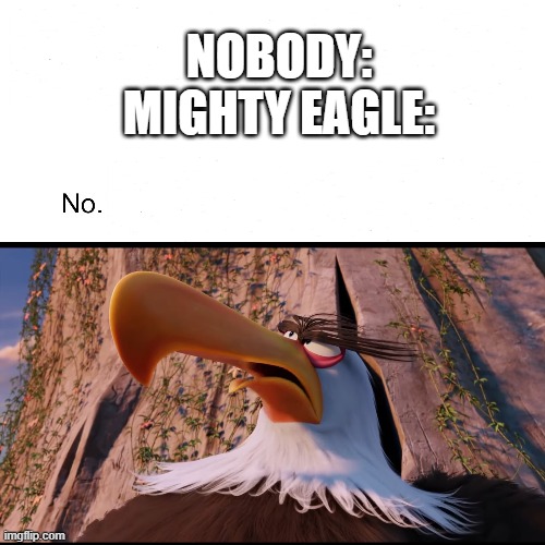 no 2: No. (note: no) | NOBODY:
MIGHTY EAGLE: | image tagged in no,mighty eagle,angry birds | made w/ Imgflip meme maker