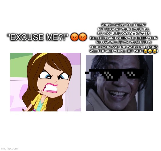 Tama Riyadi being cruel and bullies Blythe Baxter | WHEN I COME TO LITTLEST PET SHOP AT YOUR HOUSE I'LL FILL YOUR PILLOW WITH WATER BALLOONS AND WHEN YOU SLEEP YOUR PILLOW WILL BE ON YOUR BED IN YOUR ROOM AND THE WATER BALLOONS WILL POP AND YOU'LL GET WET! 😂😂😂! "EXCUSE ME?!" 😡😡 | image tagged in memes | made w/ Imgflip meme maker