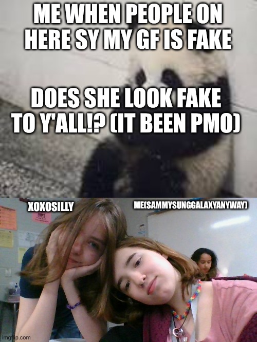 ME WHEN PEOPLE ON HERE SY MY GF IS FAKE; DOES SHE LOOK FAKE TO Y'ALL!? (IT BEEN PMO); ME(SAMMYSUNGGALAXYANYWAY); XOXOSILLY | image tagged in sad panda | made w/ Imgflip meme maker