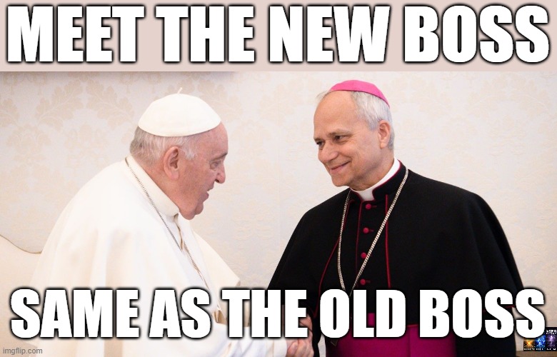pope leo commiesatanicpedoprotector | MEET THE NEW BOSS; SAME AS THE OLD BOSS | image tagged in the pope,catholicism,catholic,catholic church | made w/ Imgflip meme maker