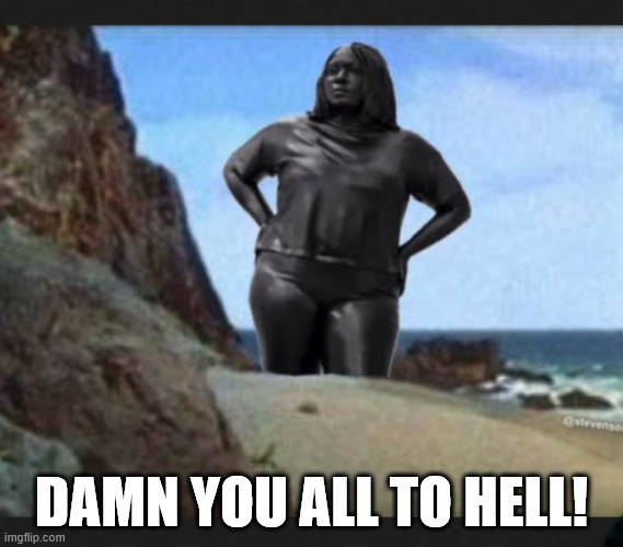 NY statue | DAMN YOU ALL TO HELL! | image tagged in too many tags | made w/ Imgflip meme maker