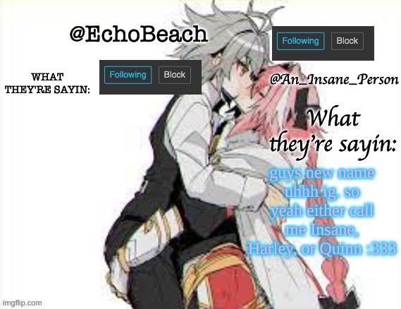ppl called me "Harley Quinn" so much and now I lowk like it | guys new name uhhh ig. so yeah either call me Insane, Harley, or Quinn :333 | image tagged in echobeach and insaneperson shared temp 3 | made w/ Imgflip meme maker