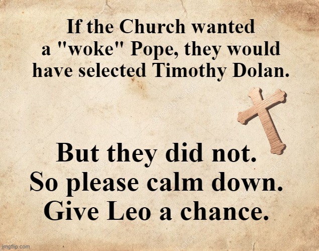 Please Give Leo A Chance | If the Church wanted a "woke" Pope, they would have selected Timothy Dolan. But they did not.

So please calm down.

Give Leo a chance. | image tagged in pope leo,catholicism,catholic,catholic church | made w/ Imgflip meme maker