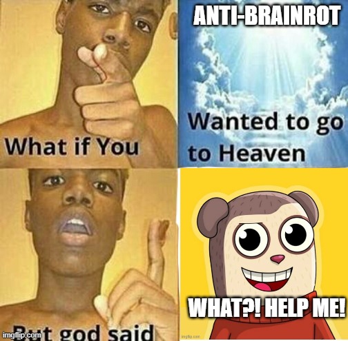 What if you wanted to go to anti-brainrot heaven... | ANTI-BRAINROT; WHAT?! HELP ME! | image tagged in what if you wanted to go to heaven | made w/ Imgflip meme maker
