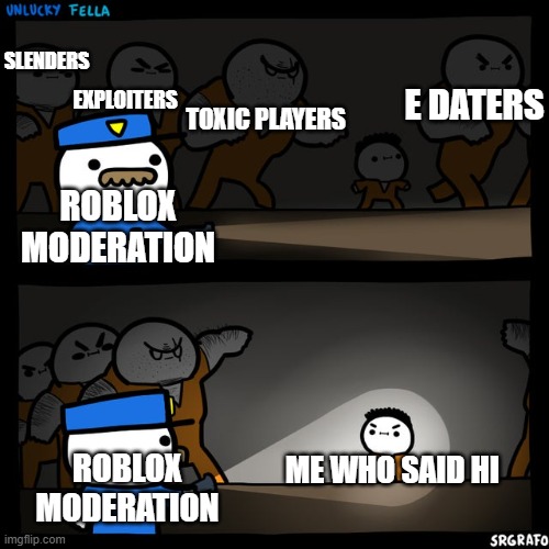 Srgrafo prison | SLENDERS; EXPLOITERS; E DATERS; TOXIC PLAYERS; ROBLOX MODERATION; ME WHO SAID HI; ROBLOX MODERATION | image tagged in srgrafo prison | made w/ Imgflip meme maker