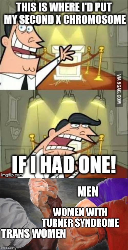 One x chromosome | MEN; WOMEN WITH TURNER SYNDROME; TRANS WOMEN | image tagged in epic handshake w/ 3 hands,this is where i'd put my trophy if i had one | made w/ Imgflip meme maker