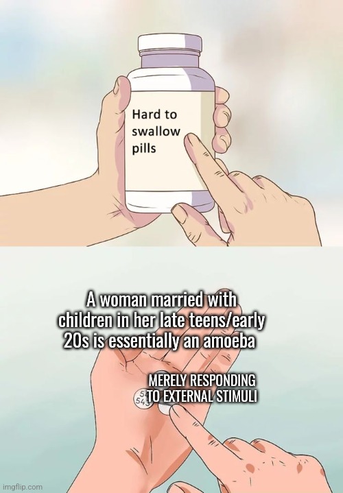 Hard To Swallow Pills | A woman married with children in her late teens/early 20s is essentially an amoeba; MERELY RESPONDING TO EXTERNAL STIMULI | image tagged in memes,hard to swallow pills | made w/ Imgflip meme maker