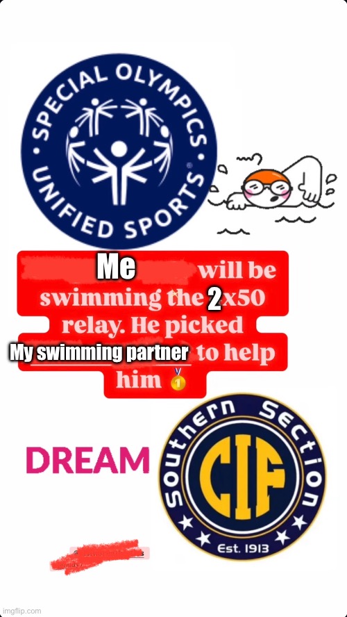 THE GAMES BEGIN TOMORROW! | Me; 2; My swimming partner | image tagged in swimming,cif,special olympics,relay | made w/ Imgflip meme maker