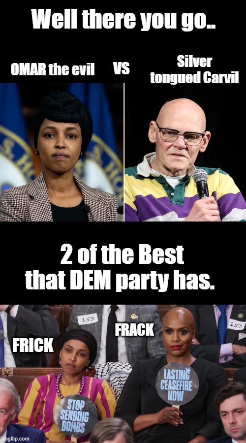 James Carville calls out Ilhan Omar over resurfaced 'radicalization of White men' comments | Well there you go.. Silver tongued Carvil; OMAR the evil; VS; 2 of the Best that DEM party has. FRICK; FRACK | made w/ Imgflip meme maker