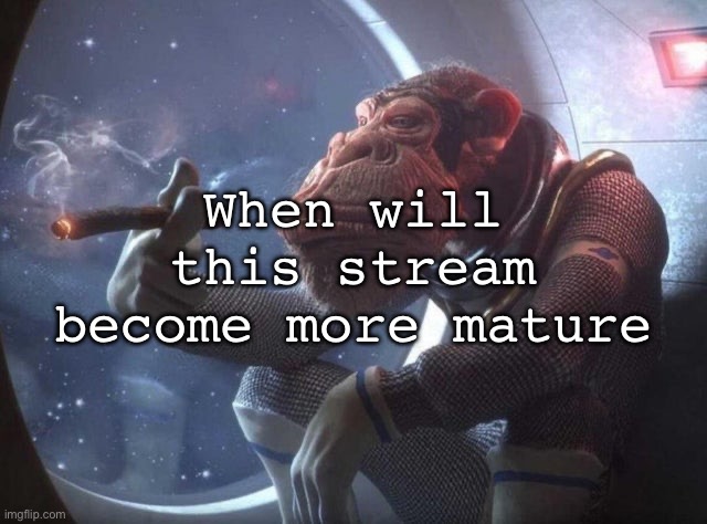 Space monkey smoking cigar | When will this stream become more mature | image tagged in space monkey smoking cigar | made w/ Imgflip meme maker