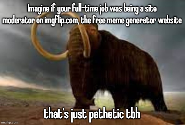 WiseMysticalMammoth 2: Electric Boogaloo | Imagine if your full-time job was being a site moderator on imgflip.com, the free meme generator website; that's just pathetic tbh | image tagged in wisemysticalmammoth 2 electric boogaloo | made w/ Imgflip meme maker