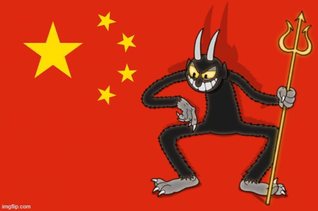 CCP devil | image tagged in china flag,communism,ccp,devil,cuphead | made w/ Imgflip meme maker