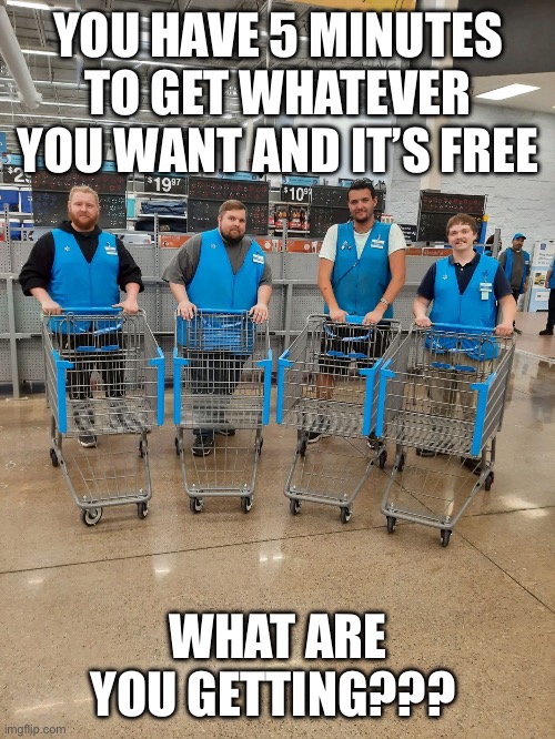 What are you getting?? | YOU HAVE 5 MINUTES TO GET WHATEVER YOU WANT AND IT’S FREE; WHAT ARE YOU GETTING??? | image tagged in walmart,free,memes,relatable,funny,tiktok | made w/ Imgflip meme maker