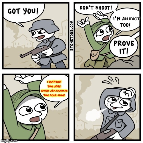 I'm an Idiot too!!! | I SUPPORT THE USSR OVER USA DURING THE COLD WAR | image tagged in i'm an idiot too | made w/ Imgflip meme maker