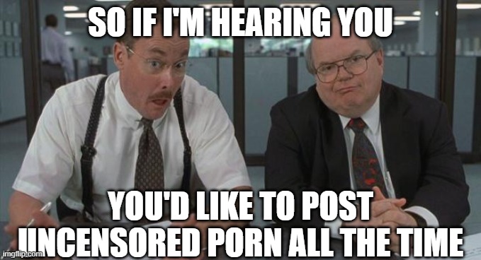 SO IF I'M HEARING YOU YOU'D LIKE TO POST UNCENSORED PORN ALL THE TIME | image tagged in office space what do you do here | made w/ Imgflip meme maker
