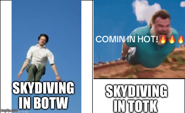 Skydiving in Zelda | SKYDIVING IN BOTW; SKYDIVING IN TOTK | image tagged in side-by-side panels,the legend of zelda breath of the wild,the legend of zelda,skydiving,nintendo switch | made w/ Imgflip meme maker