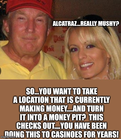 This tracks for his record.....make complete sense when you apply the logic.... | ALCATRAZ...REALLY MUSHY? SO...YOU WANT TO TAKE A LOCATION THAT IS CURRENTLY MAKING MONEY....AND TURN IT INTO A MONEY PIT?  THIS CHECKS OUT....YOU HAVE BEEN DOING THIS TO CASINOES FOR YEARS! | image tagged in side chick | made w/ Imgflip meme maker