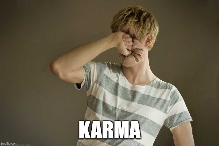 KARMA | image tagged in punching yourself in the face | made w/ Imgflip meme maker
