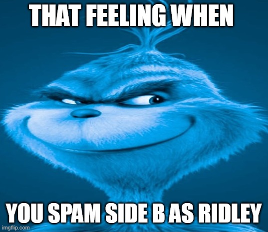 Blue Grinch | THAT FEELING WHEN; YOU SPAM SIDE B AS RIDLEY | image tagged in blue grinch,super smash bros | made w/ Imgflip meme maker