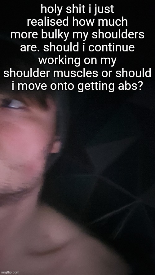holy shit i just realised how much more bulky my shoulders are. should i continue working on my shoulder muscles or should i move onto getting abs? | made w/ Imgflip meme maker