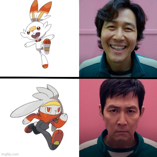 Scorbunny before and after evolution | image tagged in squid game season 1 vs season 2 | made w/ Imgflip meme maker