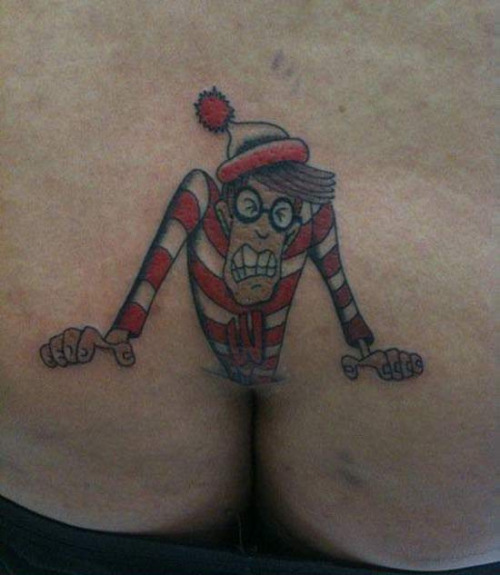 Stuck In A Crack | image tagged in butt crack,where's waldo,stuck,tattoos,funny,trapped | made w/ Imgflip meme maker