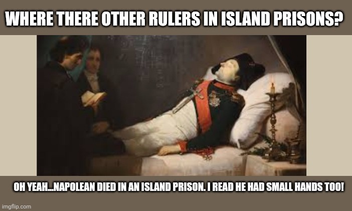 OH YEAH...NAPOLEAN DIED IN AN ISLAND PRISON. I READ HE HAD SMALL HANDS TOO! WHERE THERE OTHER RULERS IN ISLAND PRISONS? | made w/ Imgflip meme maker