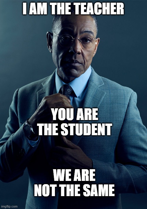 Gus Fring we are not the same | I AM THE TEACHER; YOU ARE THE STUDENT; WE ARE NOT THE SAME | image tagged in gus fring we are not the same,memes,funny memes,teachers | made w/ Imgflip meme maker