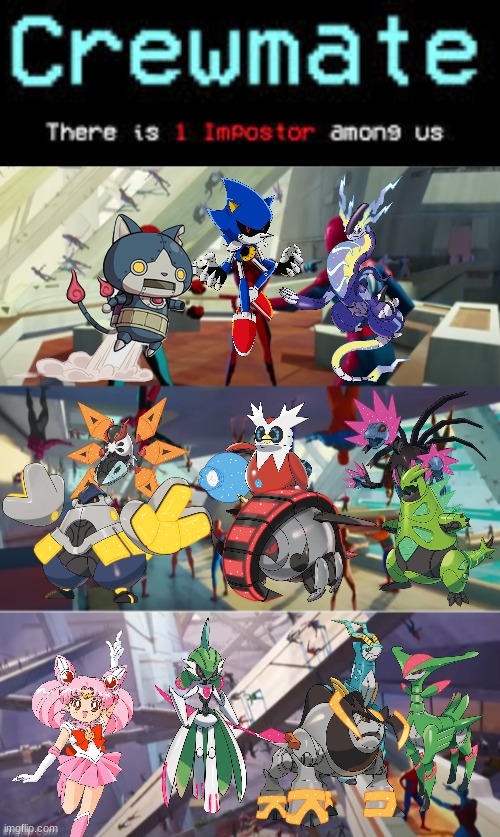 Which Character is NOT from the Future | image tagged in there is 1 imposter among us,spiderman point x100000,sailor moon,pokemon,yokai watch,sonic the hedgehog | made w/ Imgflip meme maker