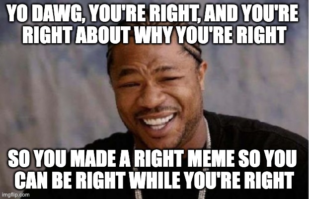 Yo dawg, you're right, and you're  right about why you're right | YO DAWG, YOU'RE RIGHT, AND YOU'RE 
RIGHT ABOUT WHY YOU'RE RIGHT; SO YOU MADE A RIGHT MEME SO YOU 
CAN BE RIGHT WHILE YOU'RE RIGHT | image tagged in memes,yo dawg heard you,correctamundo | made w/ Imgflip meme maker