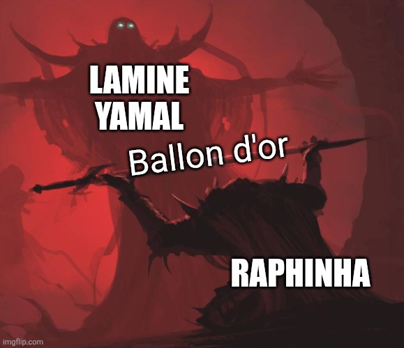 Man giving sword to larger man | LAMINE YAMAL; Ballon d'or; RAPHINHA | image tagged in man giving sword to larger man | made w/ Imgflip meme maker