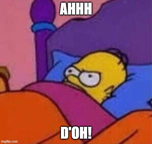 angry homer simpson in bed | AHHH; D'OH! | image tagged in angry homer simpson in bed | made w/ Imgflip meme maker