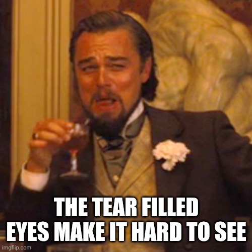 Laughing Leo Meme | THE TEAR FILLED EYES MAKE IT HARD TO SEE | image tagged in memes,laughing leo | made w/ Imgflip meme maker