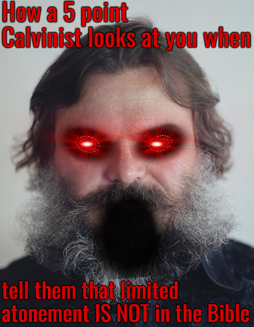 How A 5 Point Calvinist Would React If... | How a 5 point Calvinist looks at you when; tell them that limited atonement IS NOT in the Bible | image tagged in how the movie theater employee looks at me when i,calvinism,arminian,molinism,reformed theology 5 point calvinists,possessed | made w/ Imgflip meme maker
