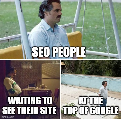 Sad Pablo Escobar | SEO PEOPLE; WAITING TO SEE THEIR SITE; AT THE TOP OF GOOGLE | image tagged in memes,sad pablo escobar | made w/ Imgflip meme maker