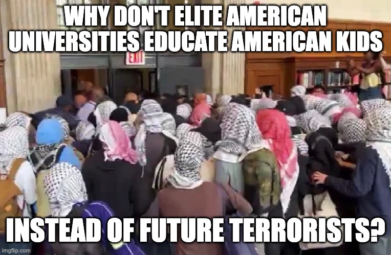 Columbia University Chaos | WHY DON'T ELITE AMERICAN UNIVERSITIES EDUCATE AMERICAN KIDS; INSTEAD OF FUTURE TERRORISTS? | image tagged in columbia library,anti-israeli,anti israel | made w/ Imgflip meme maker