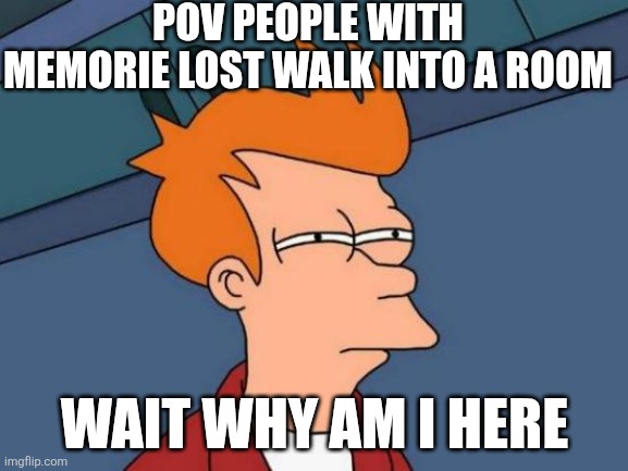 Pov me | POV PEOPLE WITH MEMORIE LOST WALK INTO A ROOM; WAIT WHY AM I HERE | image tagged in memes,futurama fry | made w/ Imgflip meme maker