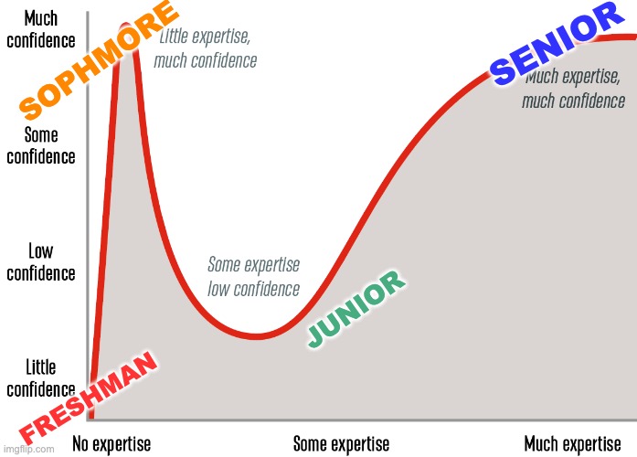 Congratulations to all the high school students for making it through the year! | SENIOR; SOPHMORE; JUNIOR; FRESHMAN | image tagged in dunning-kruger effect,school,growth,graduation,learning | made w/ Imgflip meme maker