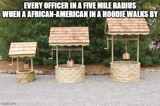 Well Well Well | EVERY OFFICER IN A FIVE MILE RADIUS WHEN A AFRICAN-AMERICAN IN A HOODIE WALKS BY | image tagged in well well well | made w/ Imgflip meme maker