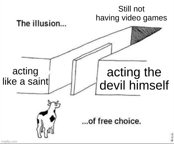 Illusion of free choice | Still not having video games; acting like a saint; acting the devil himself | image tagged in illusion of free choice | made w/ Imgflip meme maker