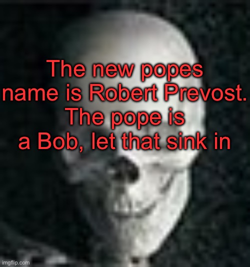 . | The new popes name is Robert Prevost.
The pope is a Bob, let that sink in | image tagged in skull | made w/ Imgflip meme maker